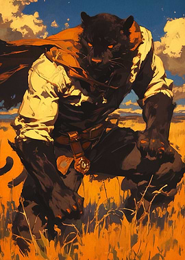 Anthropomorphic Panther in Field Digital Art