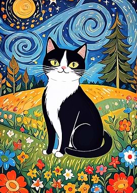 Cat in a Starry Night Landscape