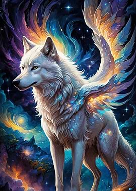 Winged Wolf in a Starry Landscape