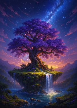 Fantasy Tree Island with Waterfall