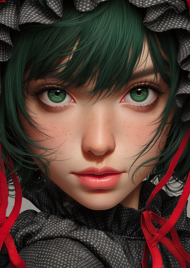 Green-haired girl with red ribbons