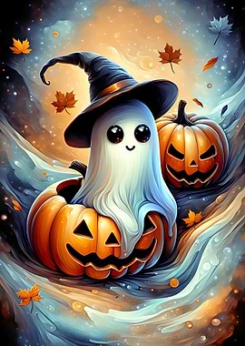 Cute Halloween Ghost with Pumpkins