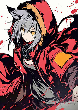 Anime Girl with Wolf Ears in Red