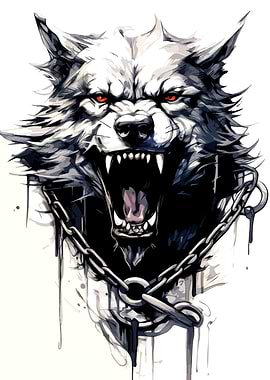 Aggressive Wolf Head with Chain