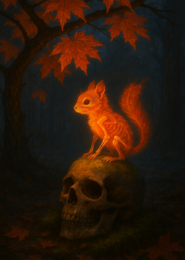 Ember Squirrel on Skull Beneath Autumn Leaves