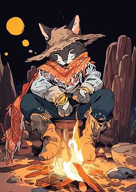 Cowboy Cat by Campfire
