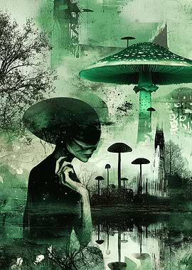 Alien and Mushroom Forest Green Art