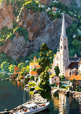 Coastal Village with Church and Boat