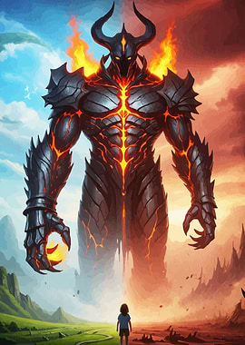 Fiery Giant Confronts Child