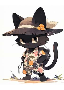 Black Cat Tourist with Floral Shirt