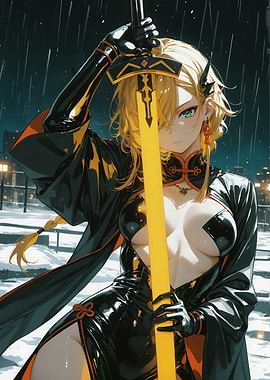 Anime Girl with Sword in the Rain