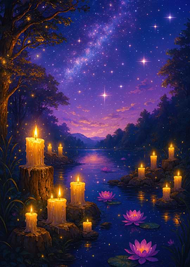 Candles and Lotus Flowers at Night