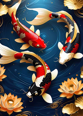 Koi Fish and Lotus Flowers
