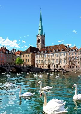 Zurich cityscape with swans on Limmat river