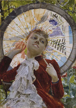 Woman with Parasol Watercolor Painting