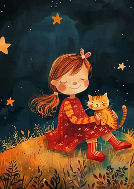 Girl with Cat Under Starry Sky