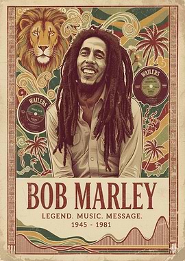 Bob Marley Portrait with Lion and Records