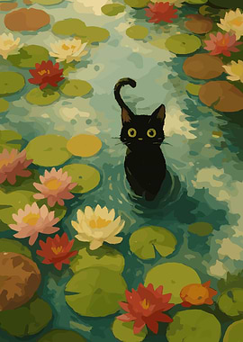 Black Cat in Lily Pond
