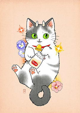 Cute Cat with Milk Bottle Illustration