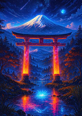 Mount Fuji and Torii Gate at Night
