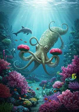 Underwater Octopus with Coral and Dolphins