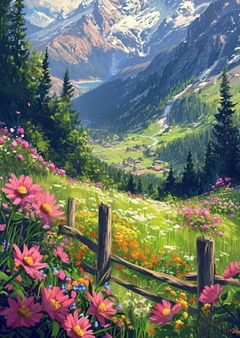 Mountain Valley with Flowers and Fence