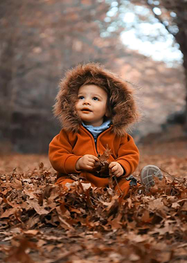 Baby in Autumn Leaves with Hood