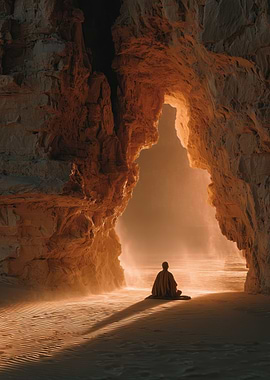 Meditating Figure in Cave Entrance