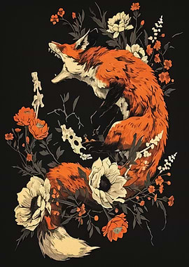 Fox and Floral Arrangement on Black