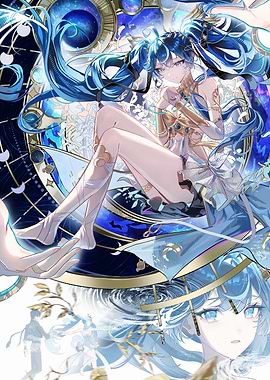 Anime Girl with Blue Hair and Gold