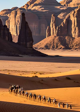 Camel caravan in a desert landscape
