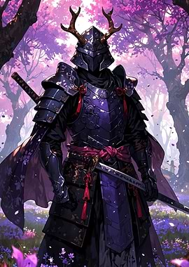 Samurai in Cherry Blossom Forest