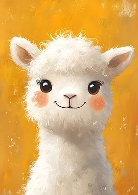 Cute White Llama Portrait on Yellow