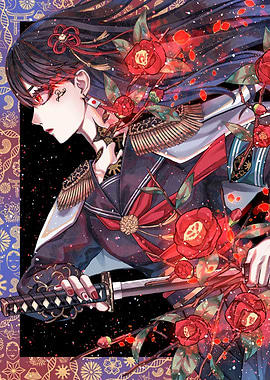 Anime Girl with Katana and Camellias