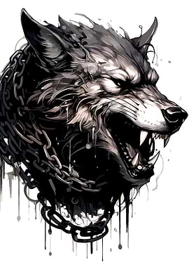 Angry Wolf with Chains Illustration