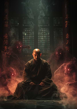 Monk Surrounded by Demons in Temple