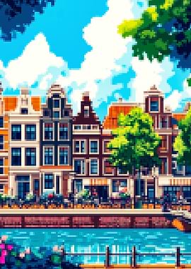 Pixel Art Amsterdam Canal Scene