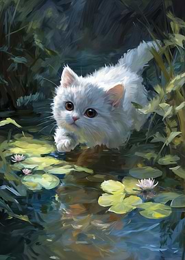 White Kitten by the Lily Pond