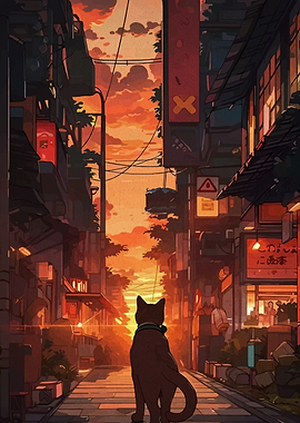 Cat in Japanese Alley at Sunset
