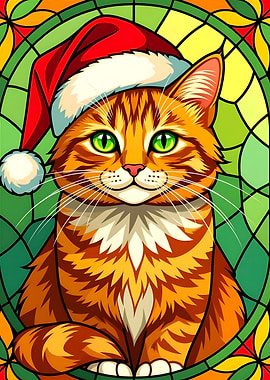 Christmas Ginger Cat Stained Glass Illustration