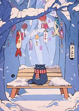 Winter Cat on Bench with Koinobori