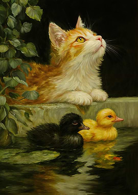 Cat and Ducklings Oil Painting