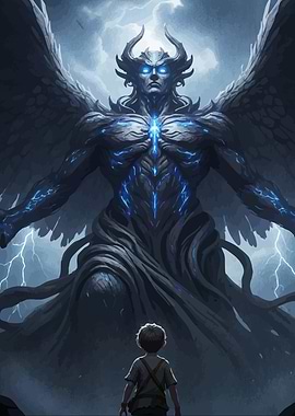 Boy Facing Winged Demon in Storm