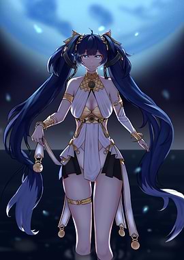 Anime Girl with Blue Hair and Moon