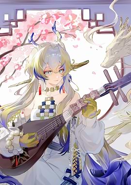 Anime Girl with Dragon and Instrument