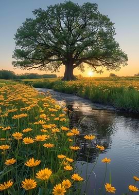 Sunset over field with tree and stream