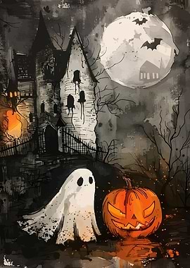 Halloween Night Watercolor Painting