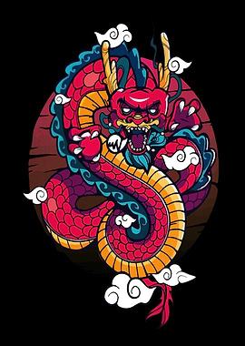 Red Dragon Illustration with Clouds