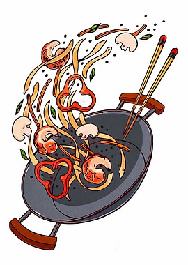 Wok with flying ingredients illustration