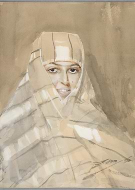 Woman in Headscarf Watercolor Portrait